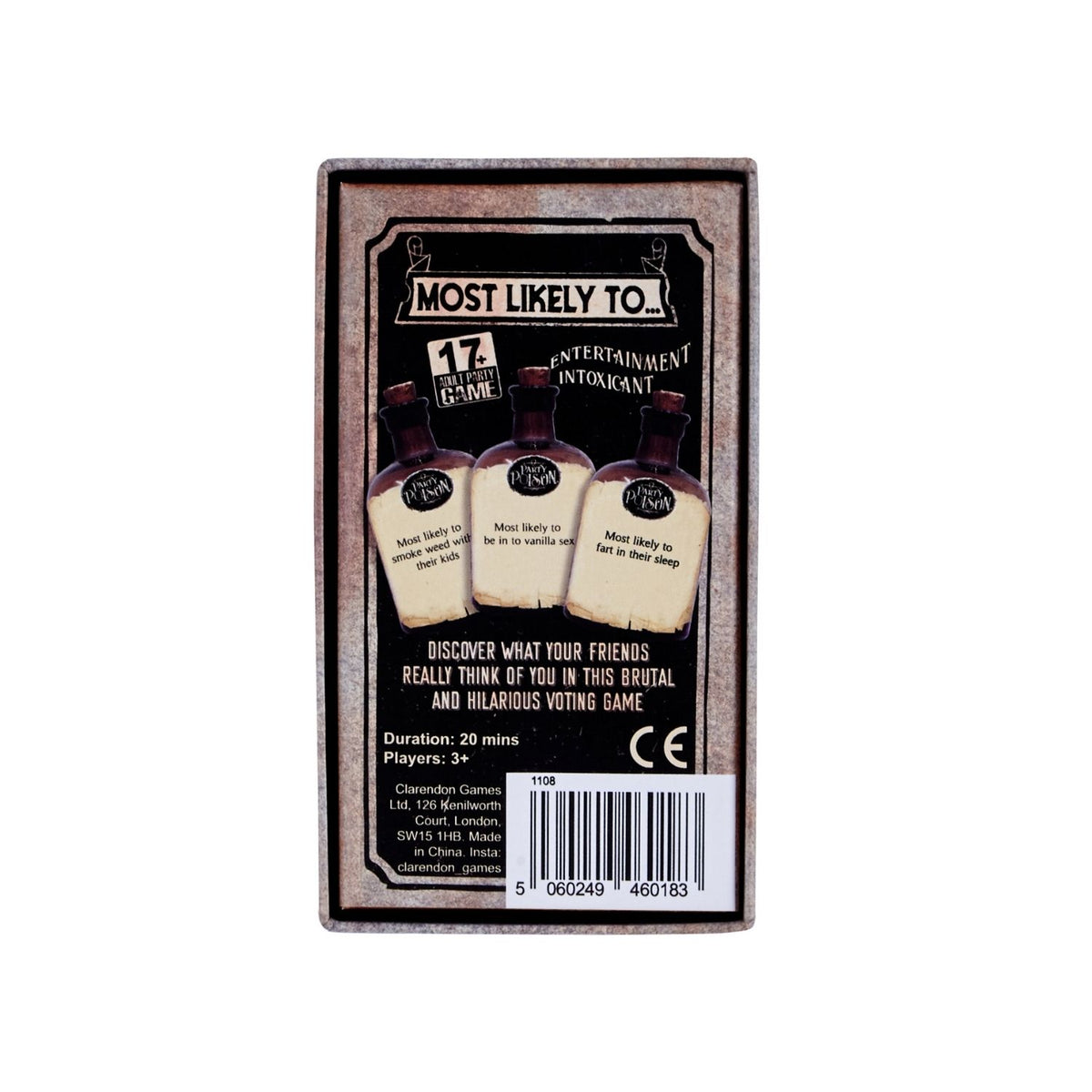 Card game packaging with bottles and text 