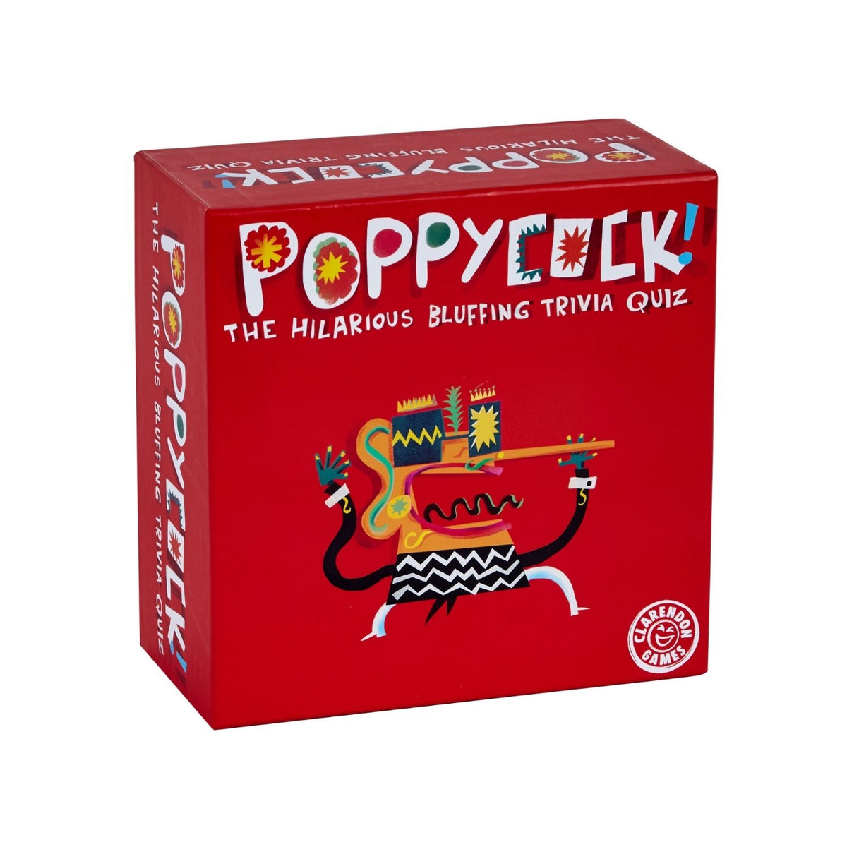 The Poppycock! trivia party game box styled on a flat surface, showcasing its vibrant, text-driven branding and bold layout.