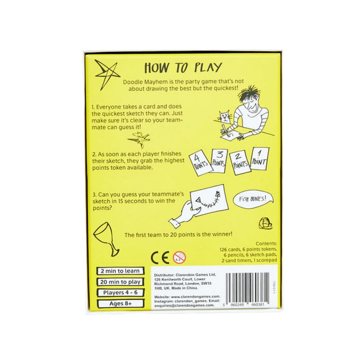 Game instructions on a yellow card with illustrations and text.
