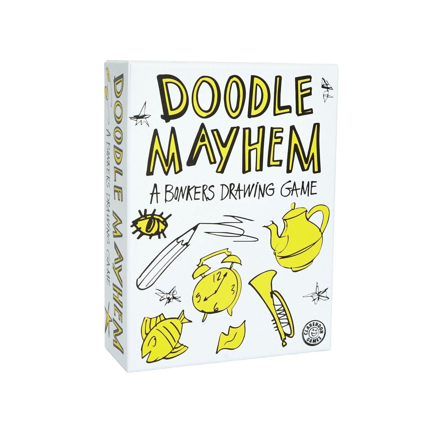 The Doodle Mayhem party game box showcasing its bold, energetic branding and action-packed family game design.