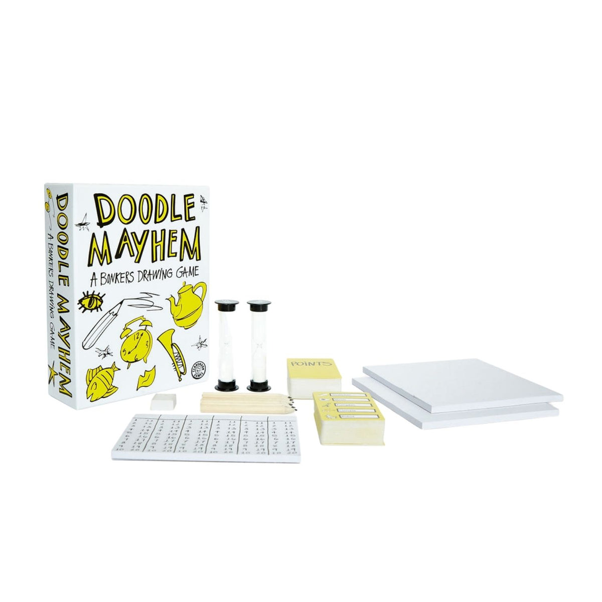 The contents of the game box neatly arranged, displaying the 126 cards, 6 point tokens, 6 sketch pads, 6 pencils, 2 sand timers, and 1 scorepad.