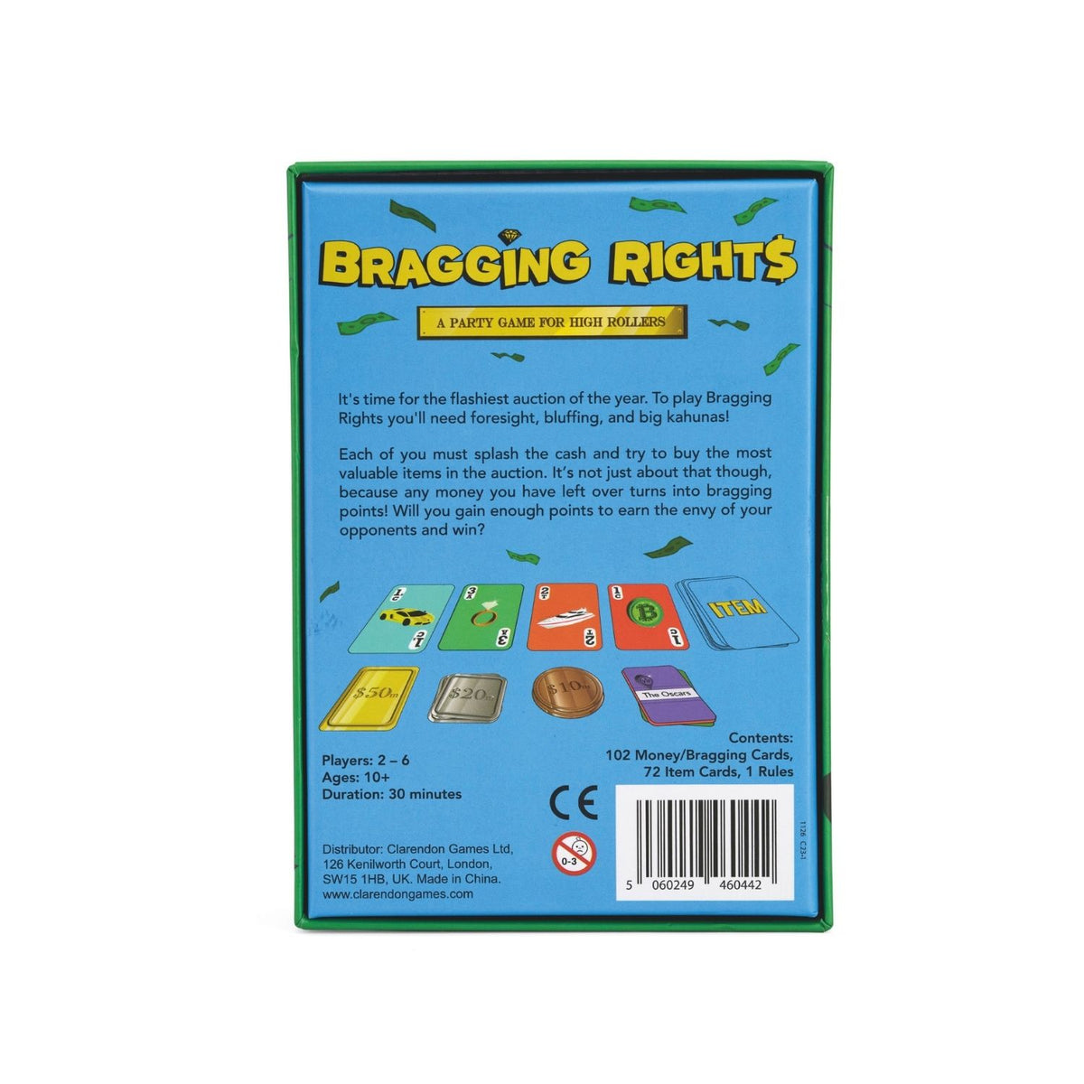 Bragging Rights board game packaging with text and game pieces on a blue background