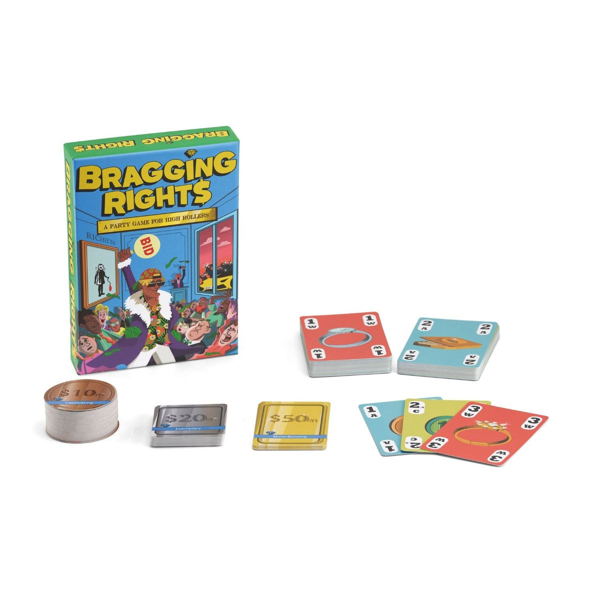 Bragging Rights card game set with packaging, cards, and chips o
