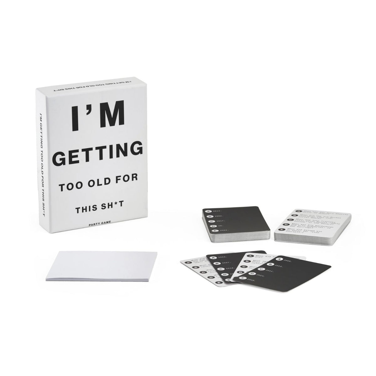 Card game packaging with text 'I'm Getting Too Old for This Sh*t' and cards laid out