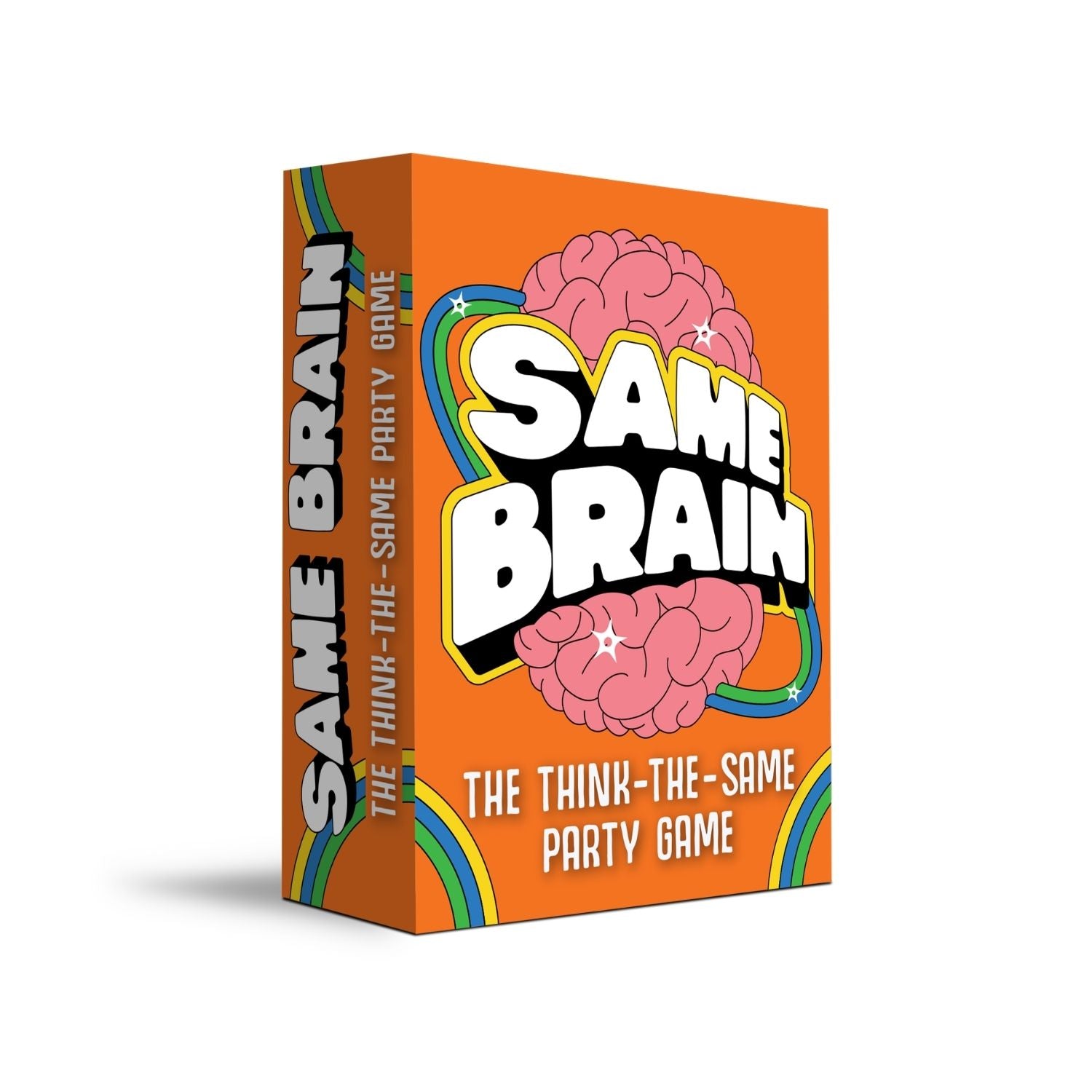 Box of 'Same Brain' party game with colorful design and brain illustration on an orange box.