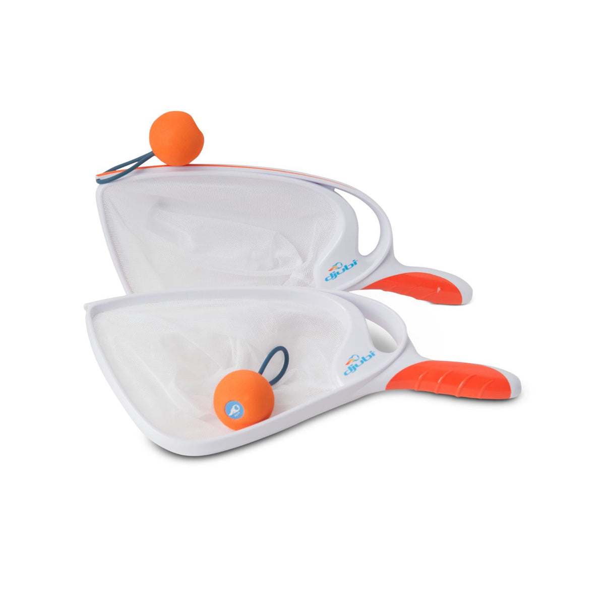 Two white SlingBall mesh nets with orange floats on a white background