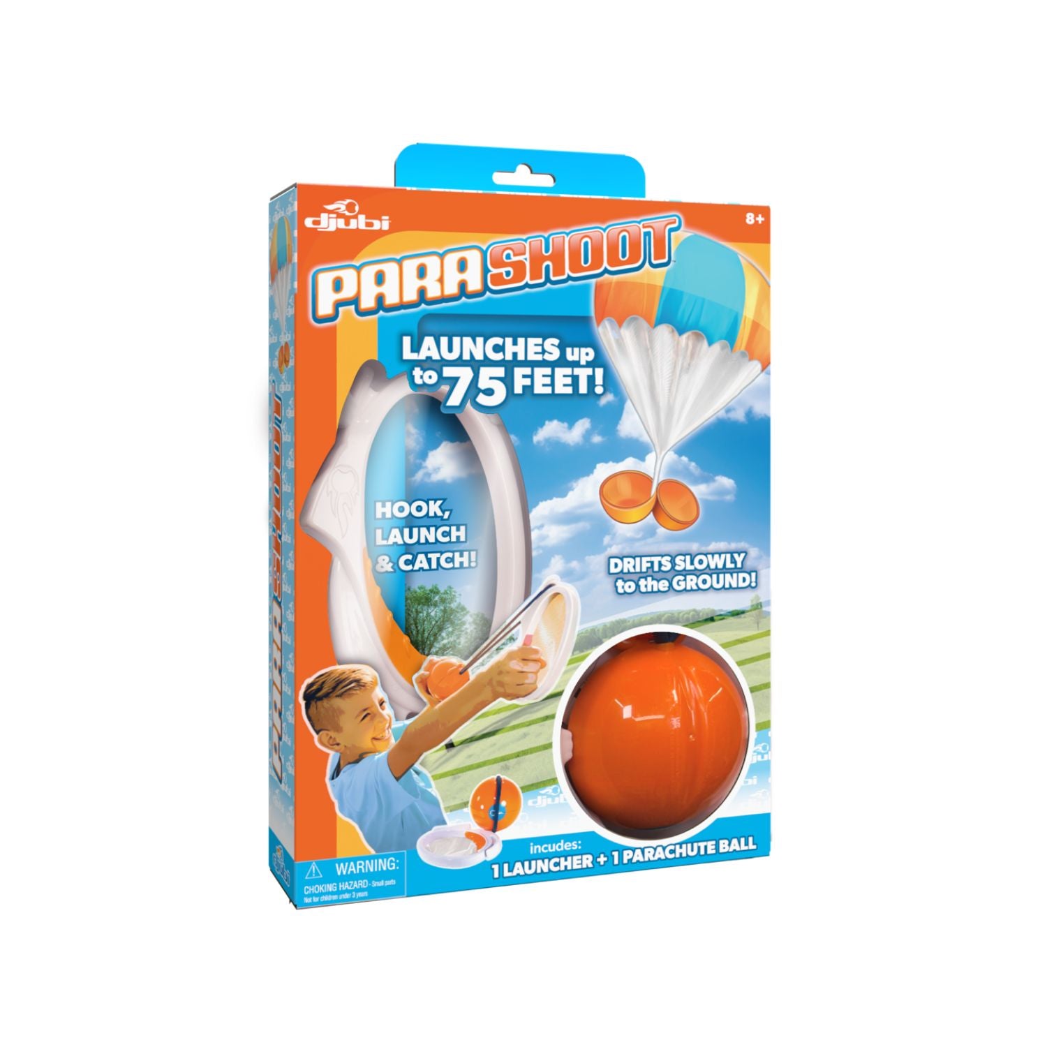 ParaShoot ball toy packaging with orange ball and blue sky background