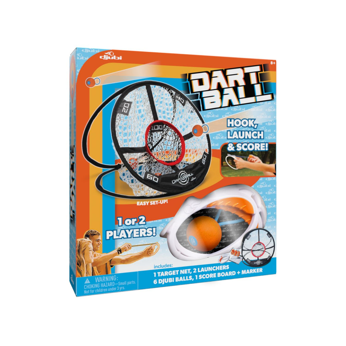 The front-facing retail packaging of Djubi Dartball, showcasing the vibrant branding, action-oriented product layout, and "Ages 8+" icon.