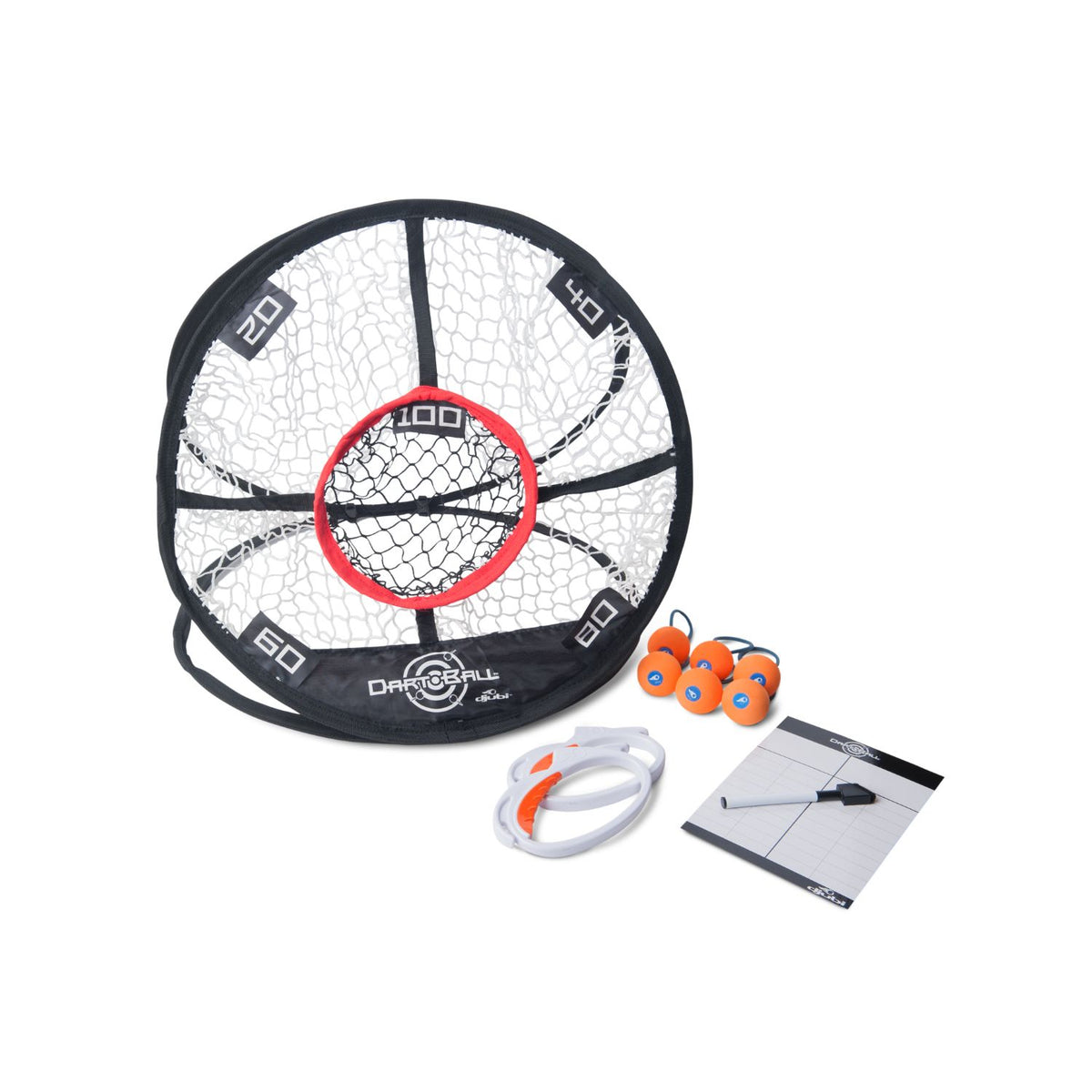 The contents of the target game box neatly arranged, displaying the 1 folding target net, 2 specialized slingshot launchers, 6 balls, and the dry-erase scoreboard with marker.