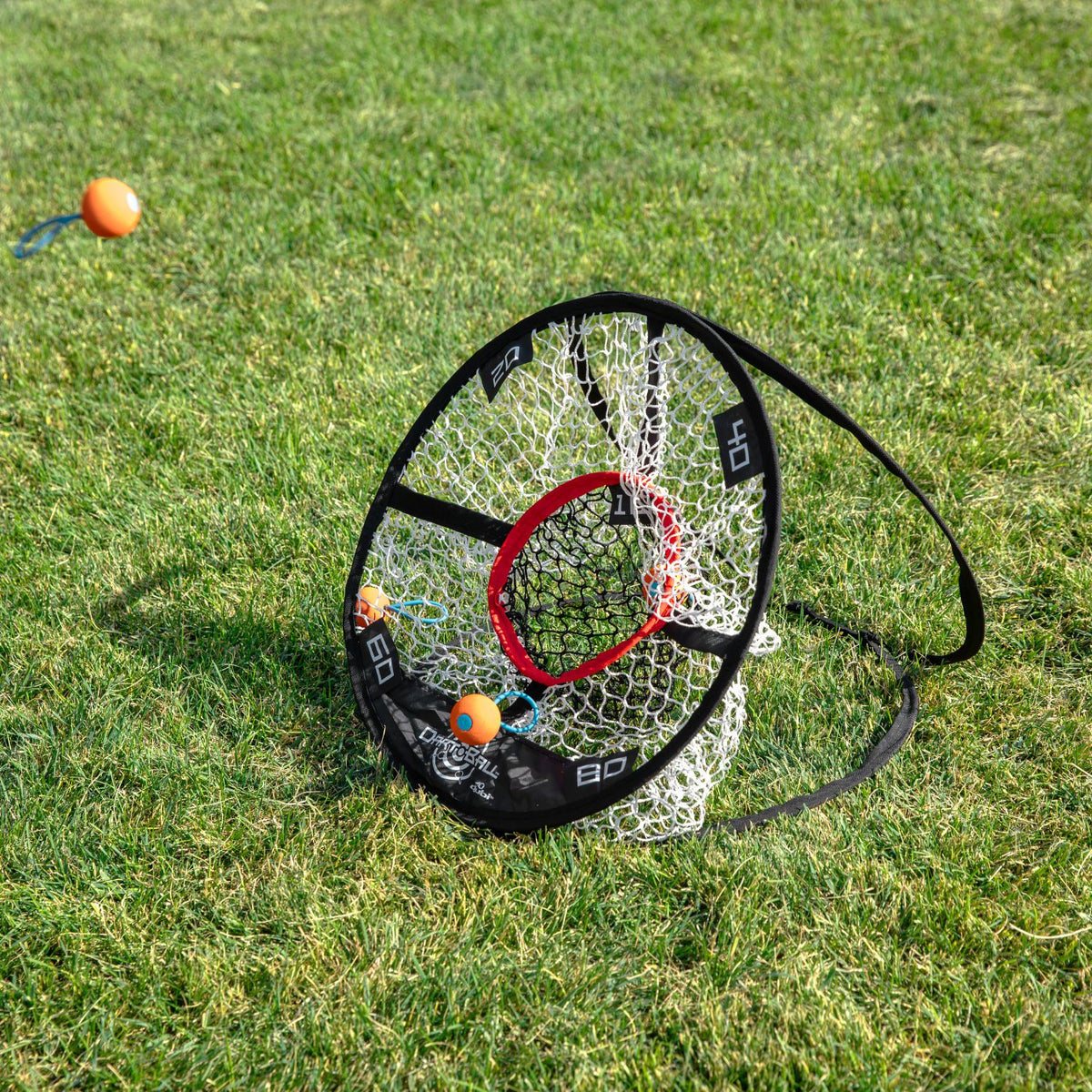 A ball mid-flight landing directly into one of the mesh score pockets of the target net, illustrating the accuracy-driven gameplay.