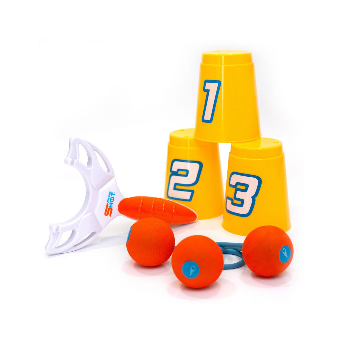 Set of yellow cups with numbers, red foam darts, and a white arch on a white background