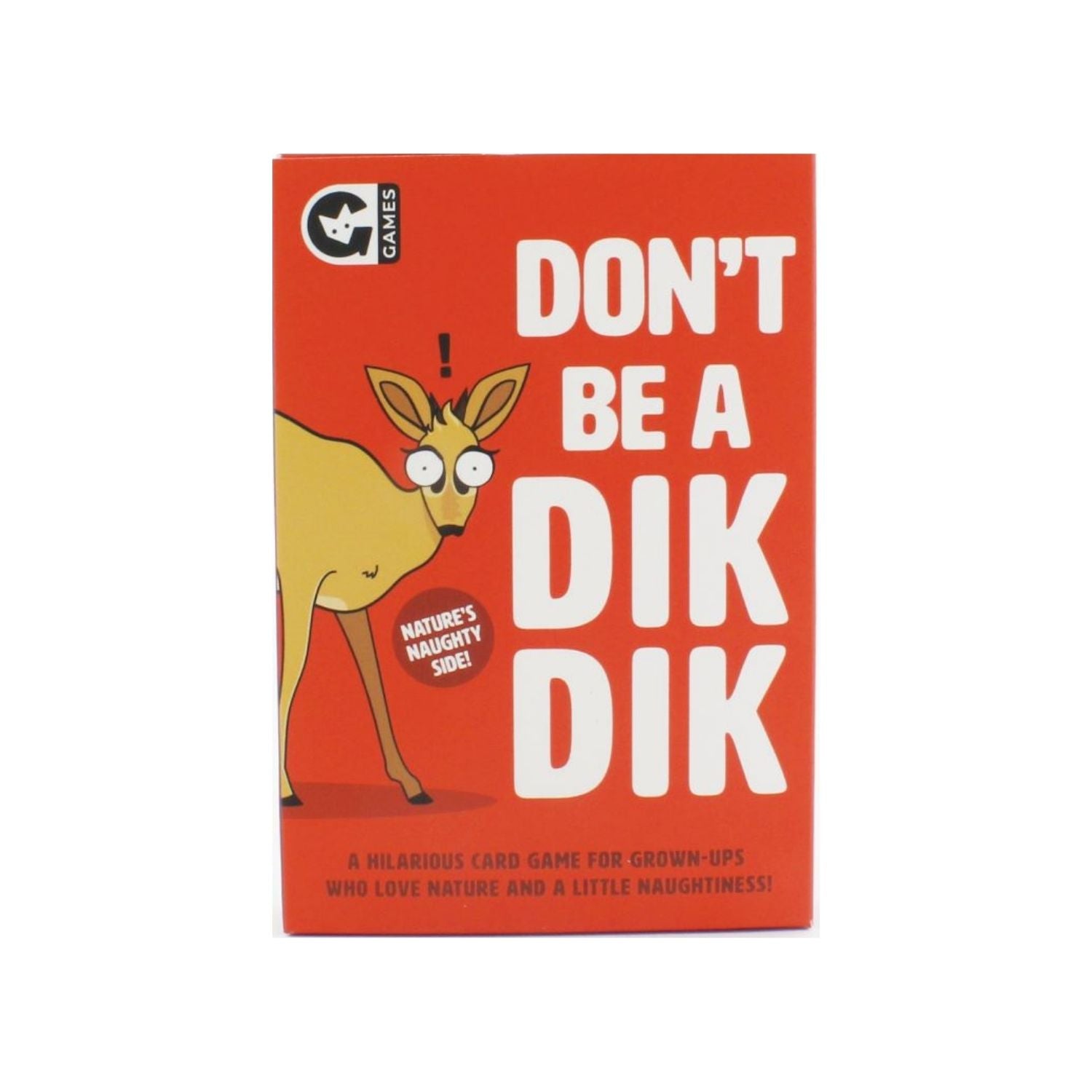 The image shows the cover of the card game 'Don't be a Dik Dik', featuring an illustration of a dik dik (a type of antelope) on a red background, with the title and a caution note 'Contains mild naughtiness'.