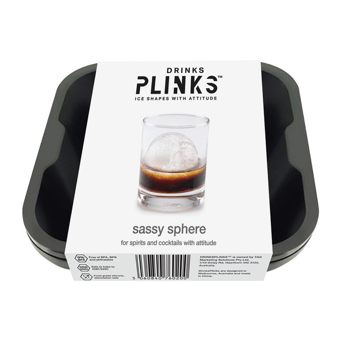 A square charcoal-grey silicone large round ice mould that creates four 45mm spheres, sized perfectly for a standard whisky or rocks glass