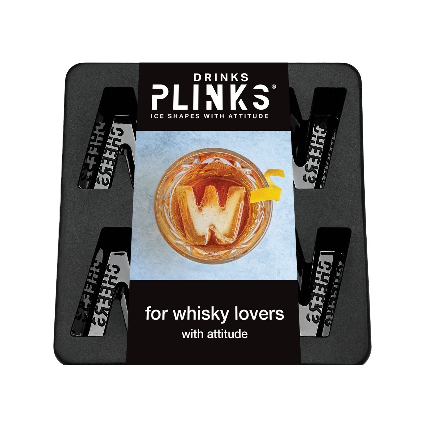 ice tray mould in charcoal grey, featuring four cavities shaped like the letter W for creating large, personalised ice blocks.