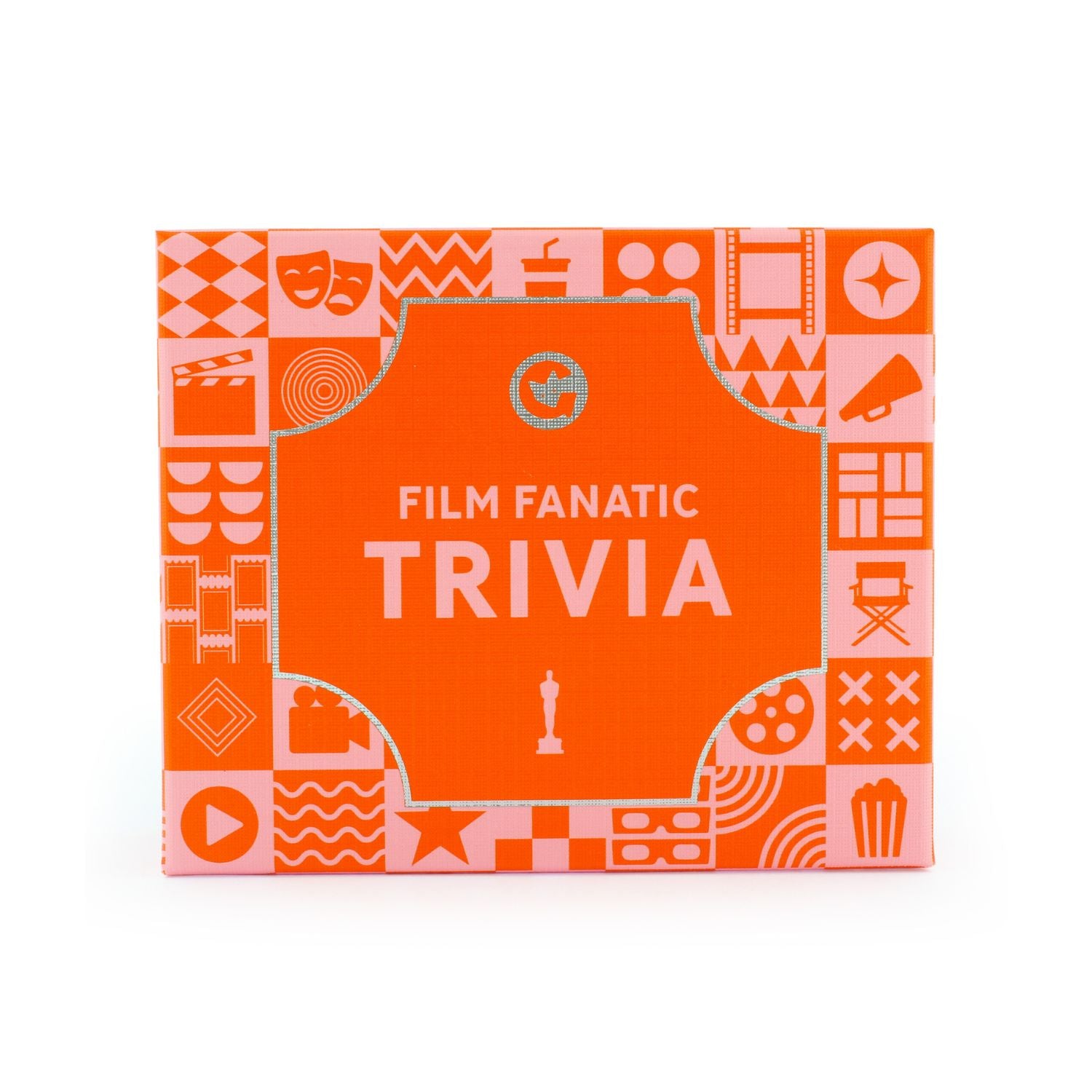 Film Fanatic Trivia, the captivating travel-sized card game designed for movie buffs. In Orange and pink packaging