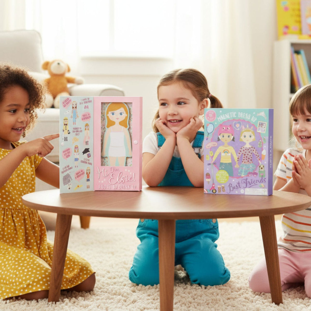 Children playing with the Elsie Magnetic Dress Up Doll