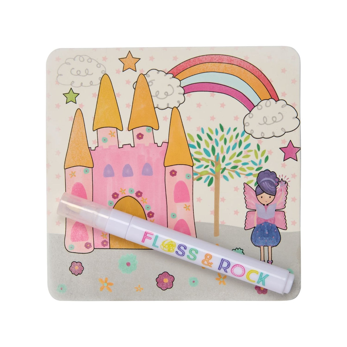 Floss & Rock magic water-filled pen with a colorful fairy-themed card featuring a castle, rainbow, and fairy.