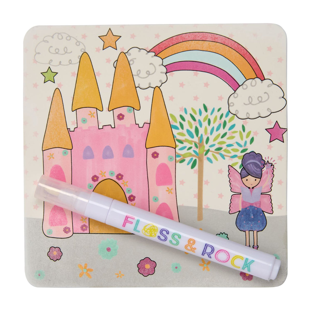 Floss & Rock magic water-filled pen with a colorful fairy-themed card featuring a castle, rainbow, and fairy.