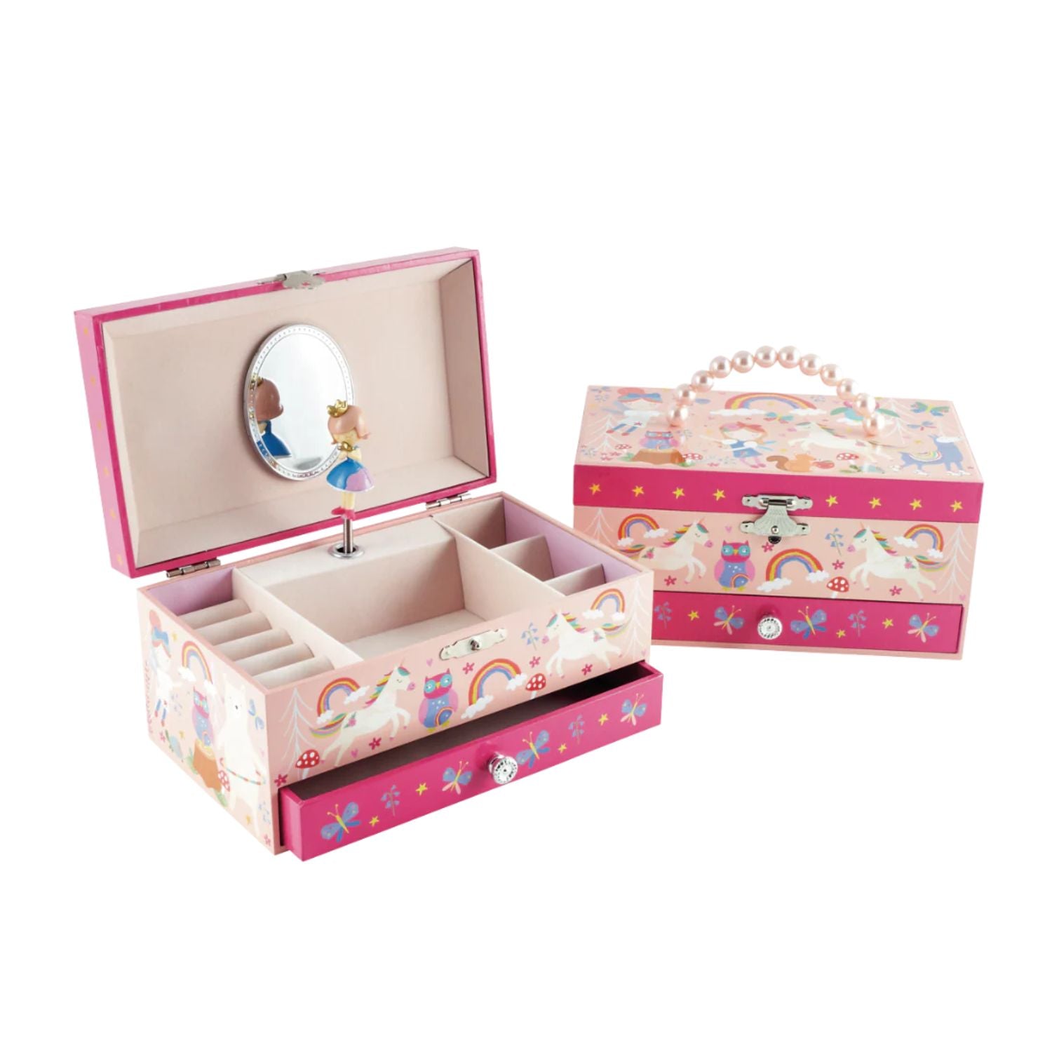 The Rainbow Fairy Musical Jewellery Box featuring vibrant rainbow and fairy illustrations with shimmering foil accents and a pearl-style handle.