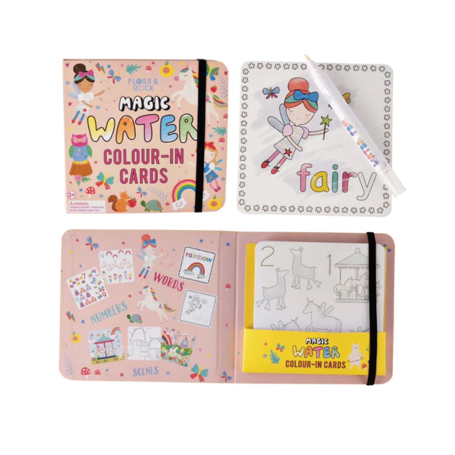 A set of 10 Fairy Magic Water Colouring Cards featuring enchanted forest scenes, shown with the refillable magic water pen.