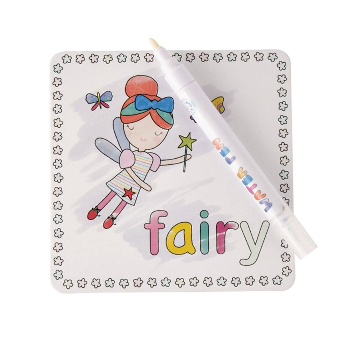 A set of 10 Fairy Magic Water Colouring Cards featuring enchanted forest scenes, shown with the refillable magic water pen.