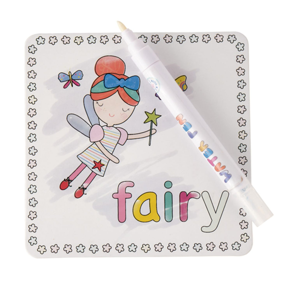 A set of 10 Fairy Magic Water Colouring Cards featuring enchanted forest scenes, shown with the refillable magic water pen.