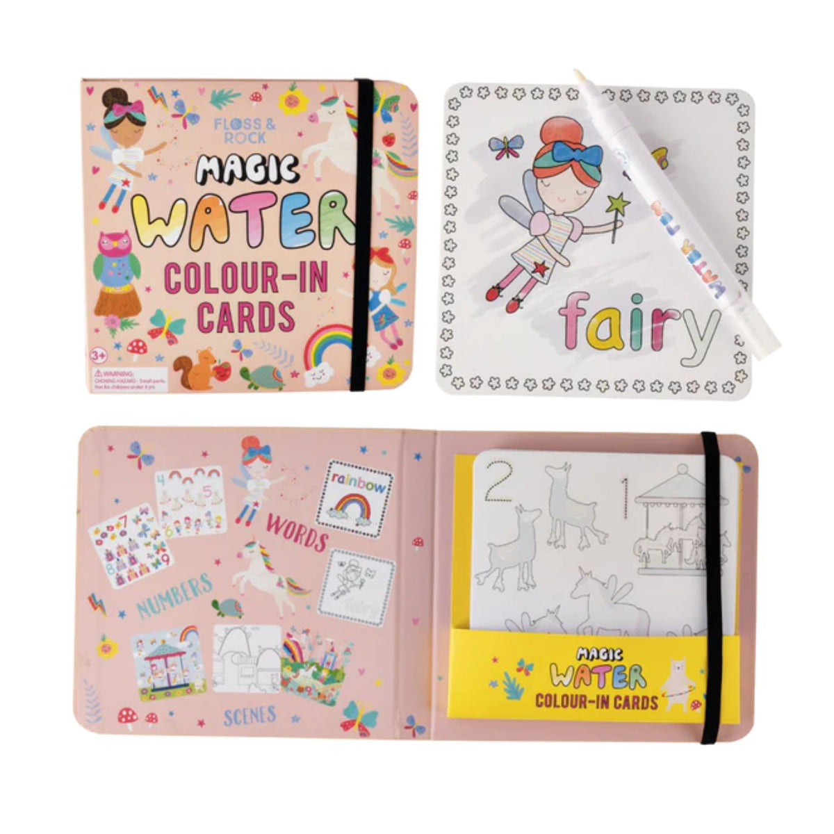 A set of 10 Fairy Magic Water Colouring Cards featuring enchanted forest scenes, shown with the refillable magic water pen.
