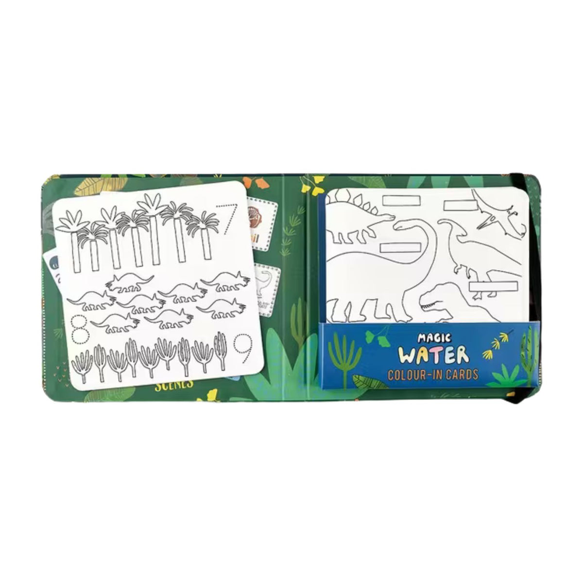 Magic Water colour-in cards with dinosaur and plant designs