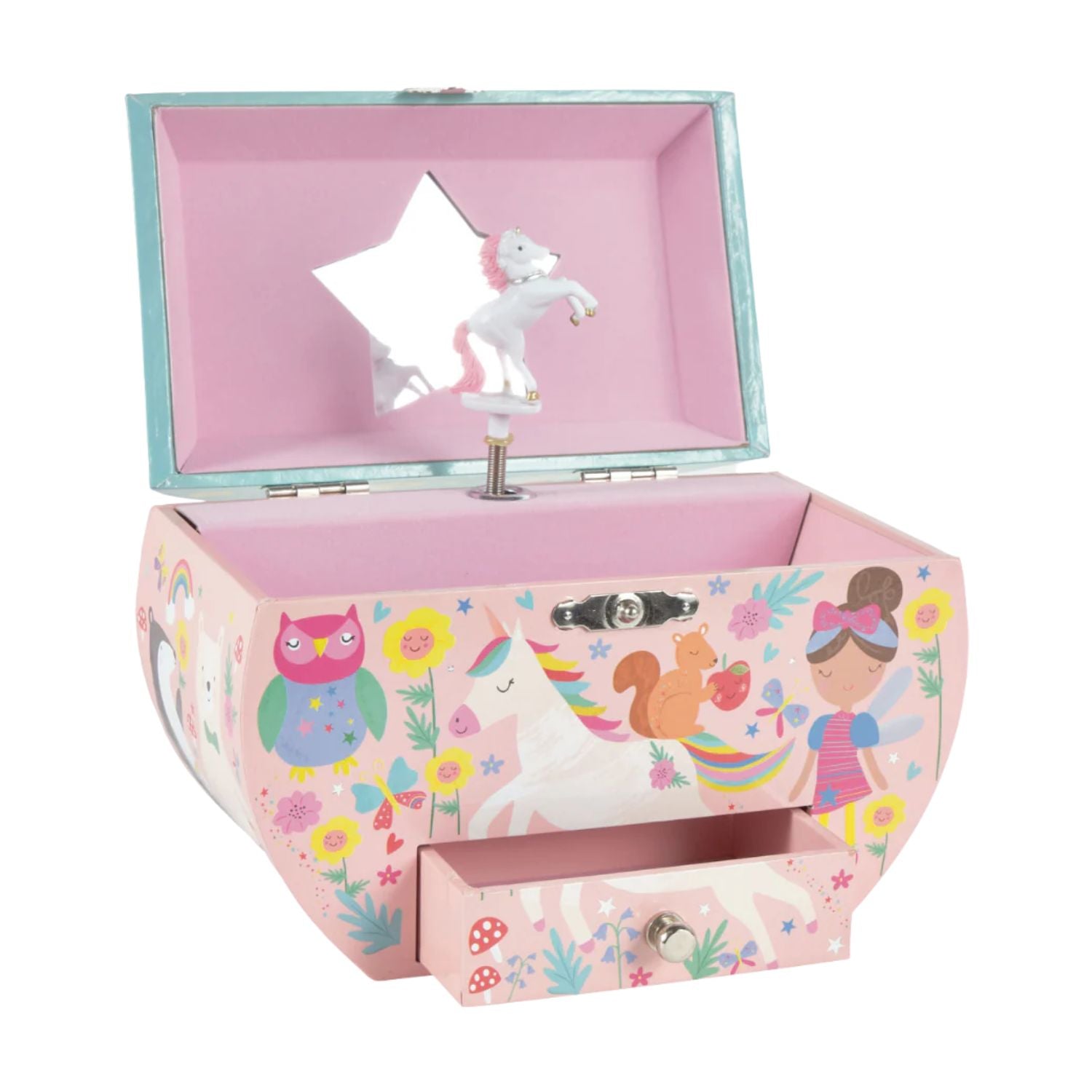 Store treasures in this enchanting unicorn and fairy jewellery box. Includes a spacious interior, a handy pull-out drawer, and shimmering illustrations of rainbows and magic.