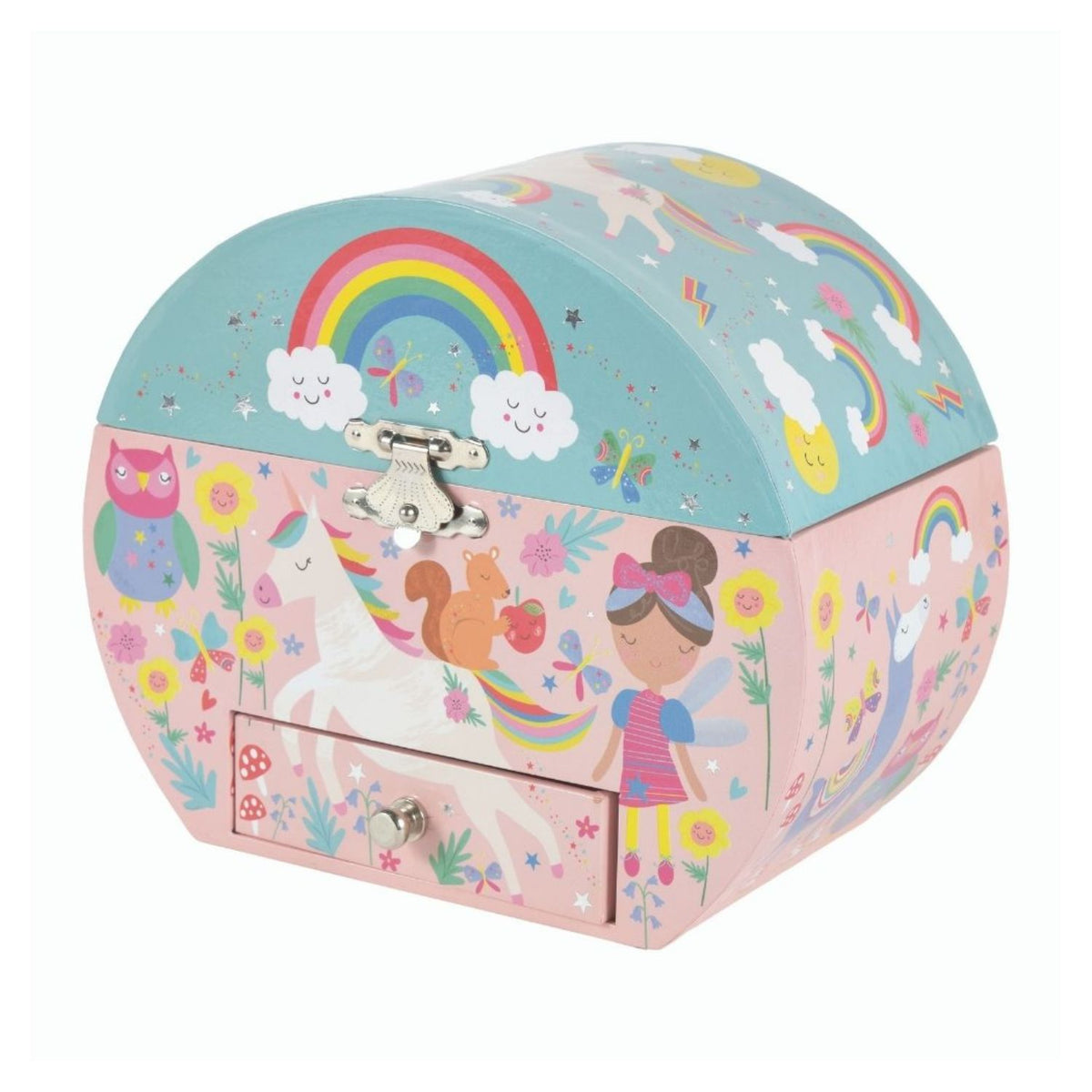 An oval-shaped Rainbow Fairy musical jewellery box (14 x 16.5 x 9cm) featuring vibrant illustrations of fairies, unicorns, and rainbows.