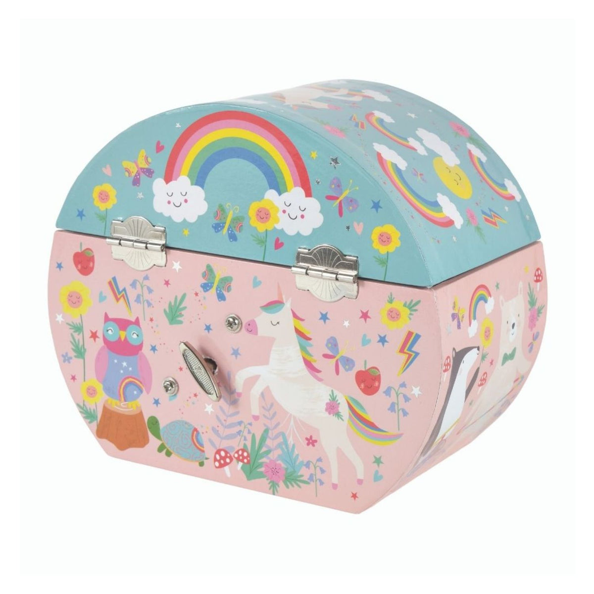 A close-up of the oval jewellery box and the wind-up key at the back, highlighting the smooth curved edges and detailed fairy-tale artwork.