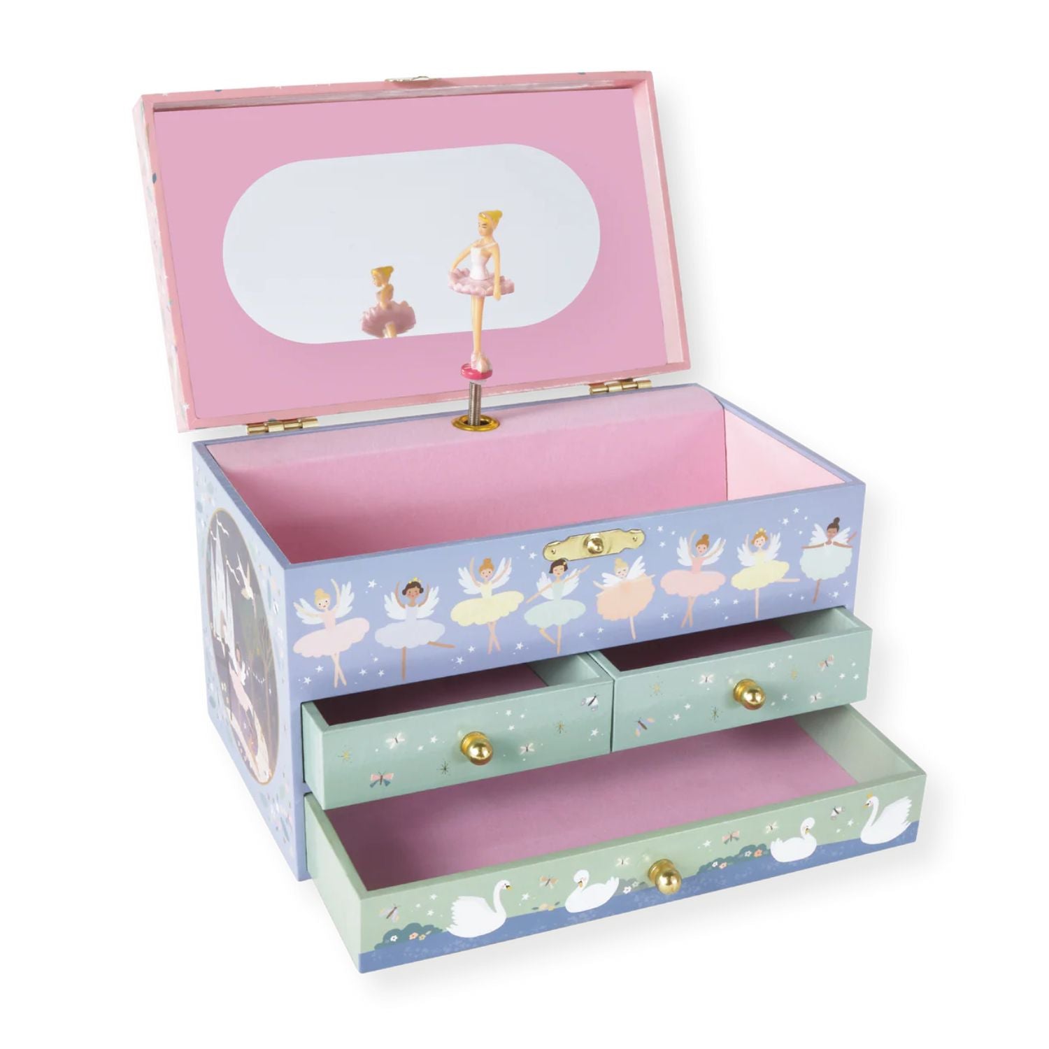 Keep trinkets safe with this kids' jewellery box featuring handy pull-out drawers and a spacious interior. Plays the enchanting "Swan Lake" melody and fits perfectly on any bedroom shelf.