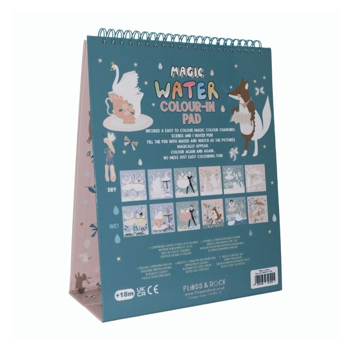 A spiral bound pad of magic water color changing easel and pen with illustrations of animals and a fairy on the cover, along with a blue water pen.