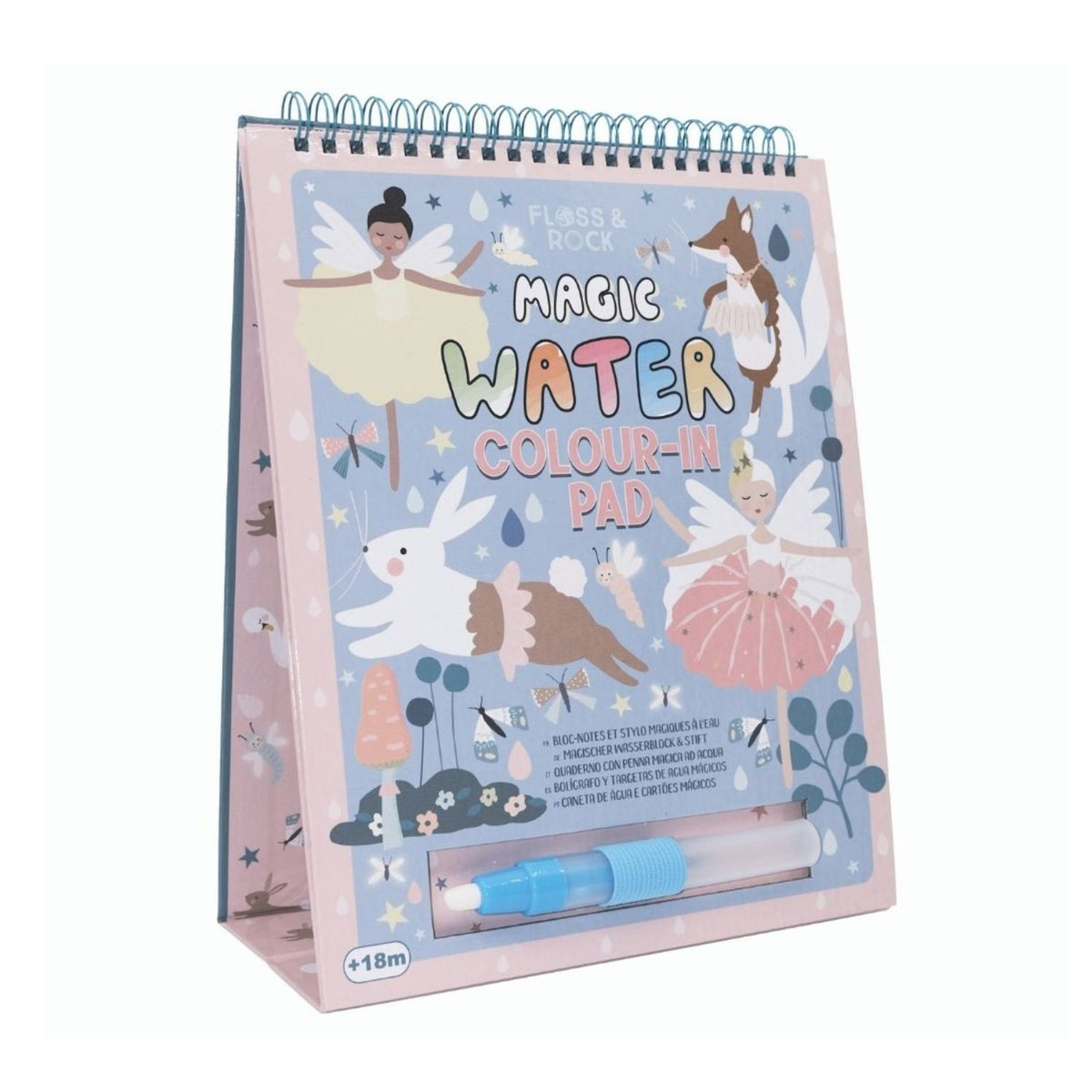 A spiral bound pad of magic water color changing easel and pen with illustrations of animals and a fairy on the cover, along with a blue water pen.