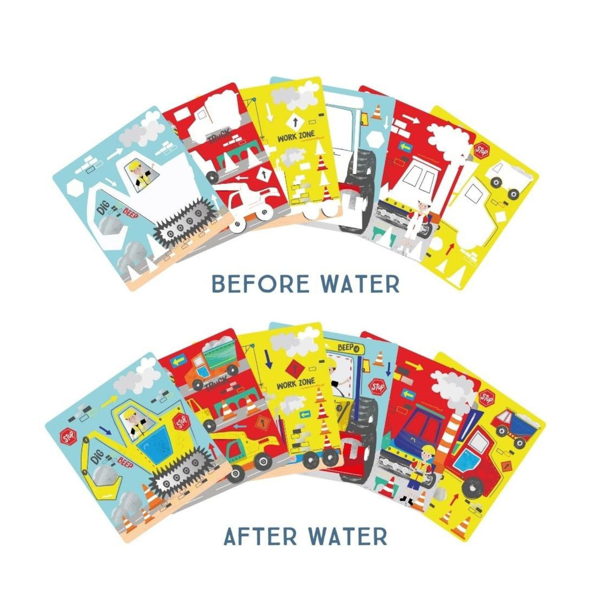 Comparison of colorful children's activity cards labeled 'Before Water' and 'After Water' 