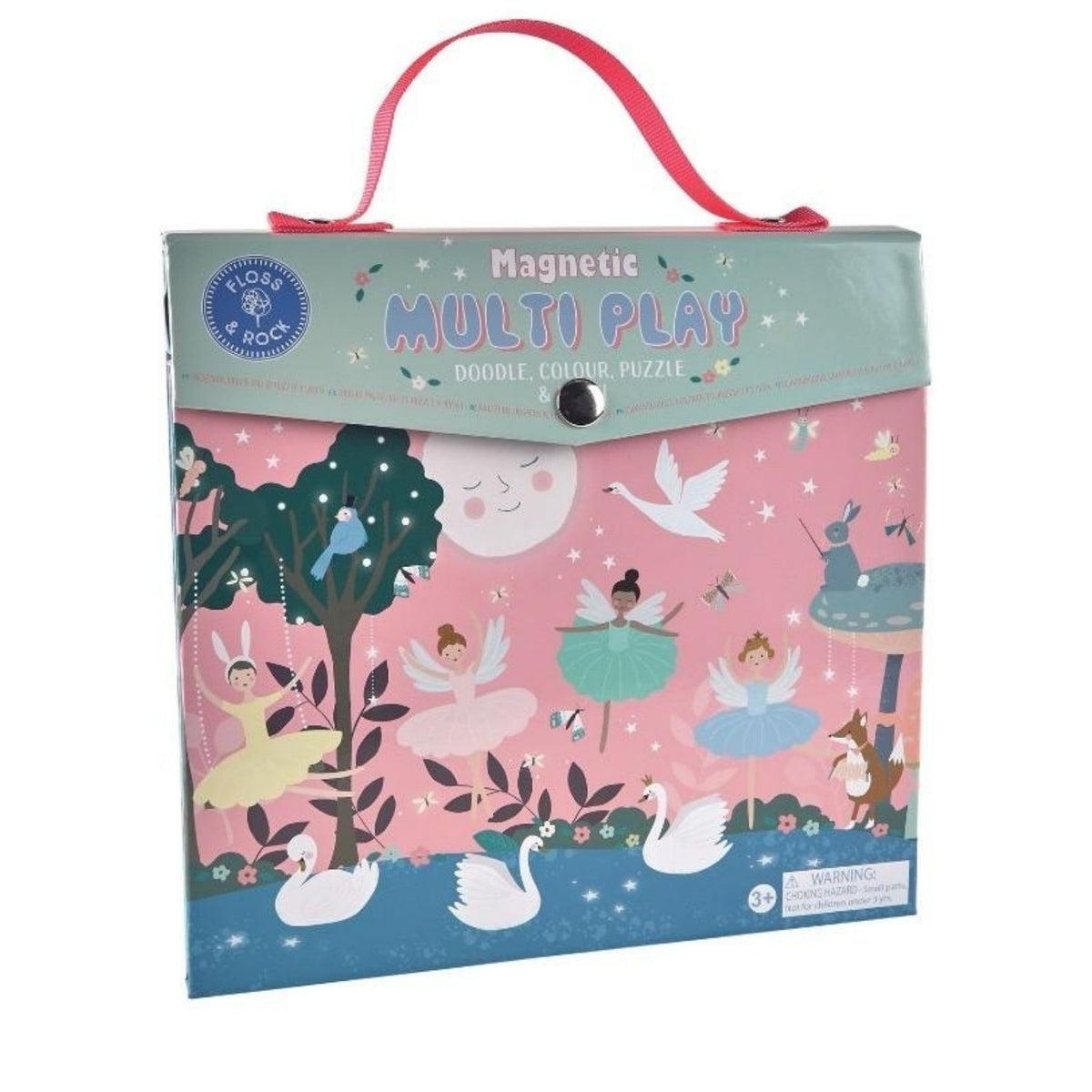 Keep little ones entertained with the Enchanted 4-in-1 magnetic travel activity set. Featuring ballerinas, swans, and birds, this portable case includes a puzzle, doodle board, and more!