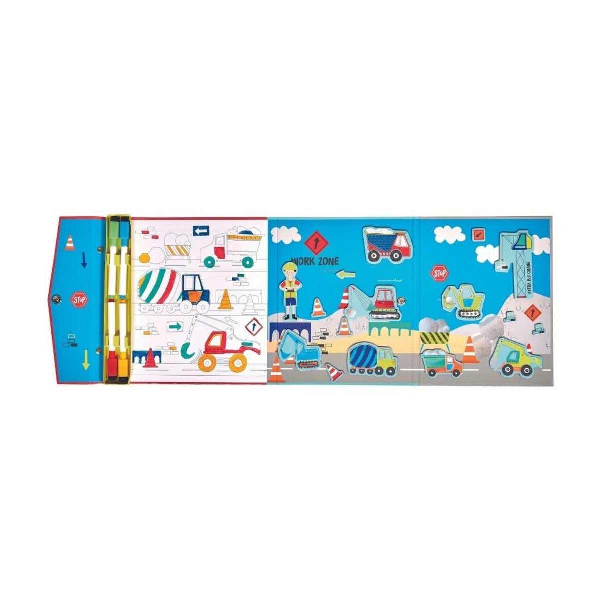 The Construction Magnetic Multi Play set opened flat to reveal the 20-piece magnetic truck puzzle, doodle board, and pop-out magnetic builder play pieces.