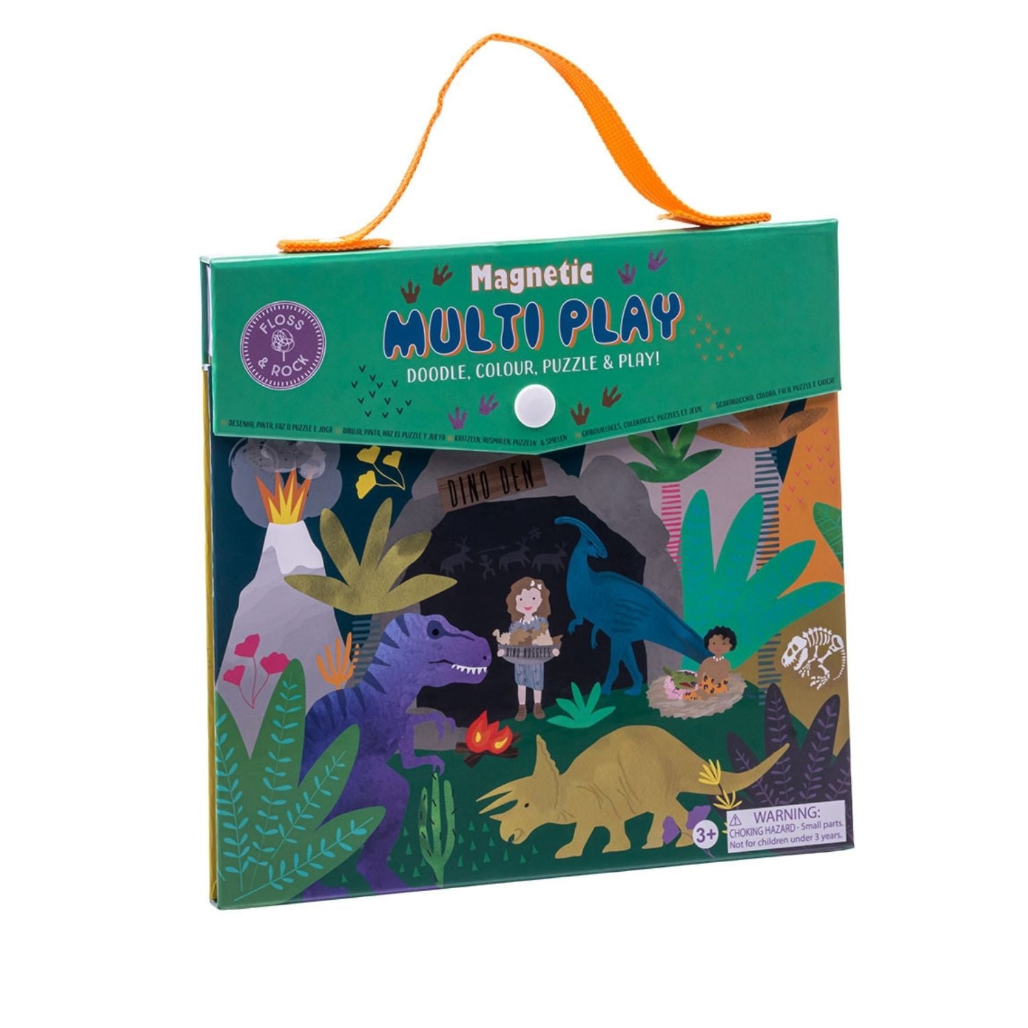 Keep little explorers busy with this 4-in-1 dinosaur magnetic travel set. Includes a 20-piece puzzle, doodle board, colouring, and magnetic play pieces in one portable case. Perfect for ages 3+