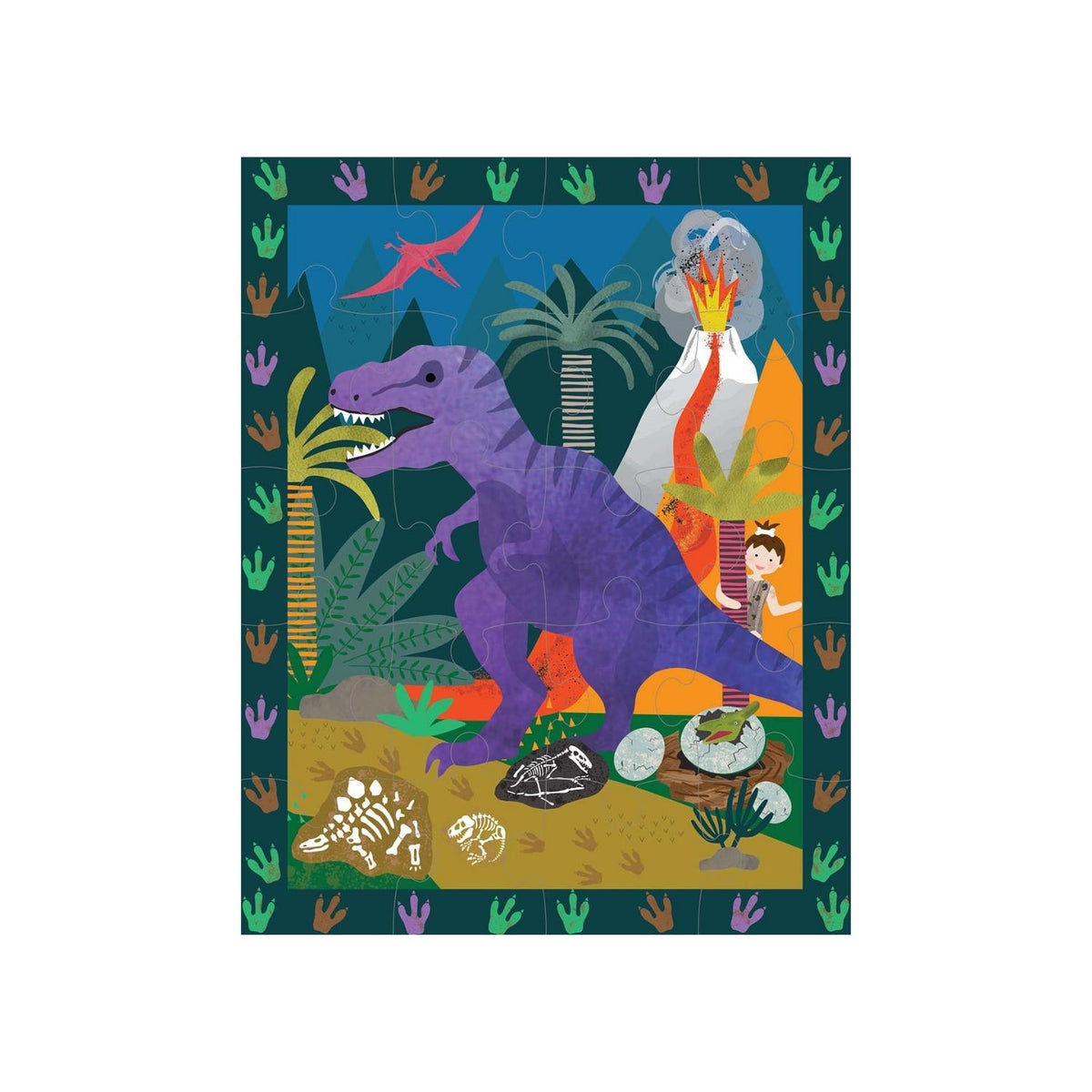 A close-up of the 20-piece magnetic dinosaur puzzle being assembled inside the case, showing how the pieces stick securely to the metallic surface.