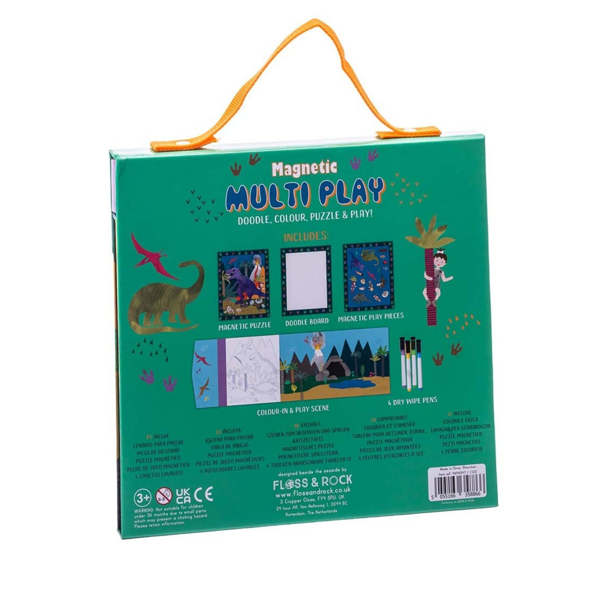 No lost pieces! This kids' dinosaur magnet puzzle and doodle set keeps everything neatly in place. Includes 4 dry-wipe markers and pop-out dinos for mess-free, eco-friendly fun anywhere.
