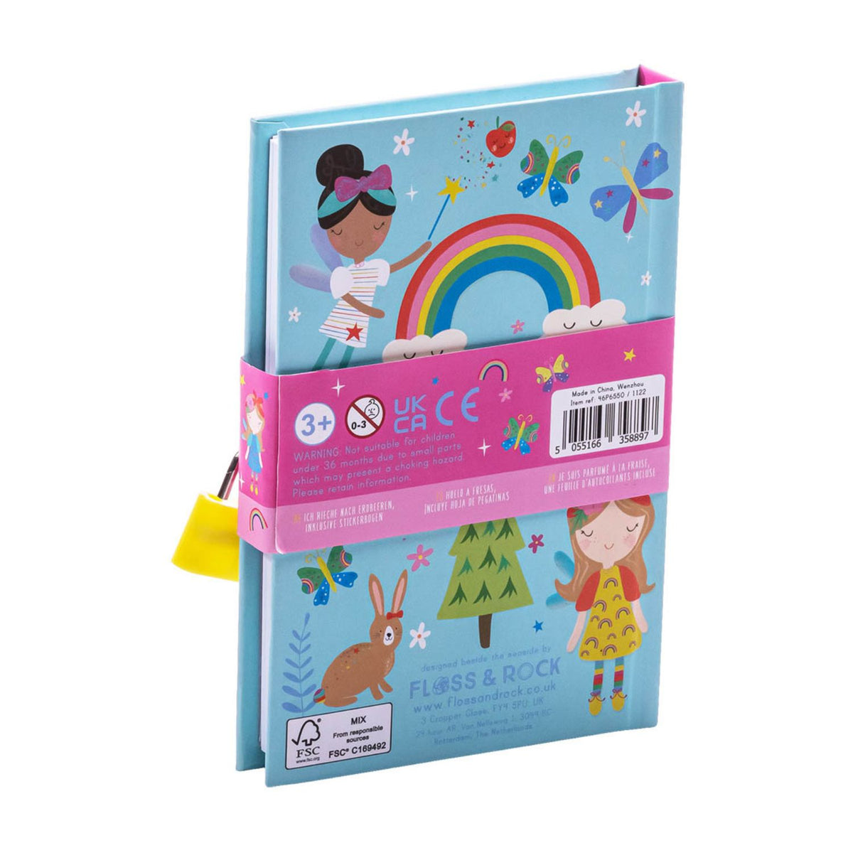 Back of the children's scented diary with colorful rainbow fairy illustrations 