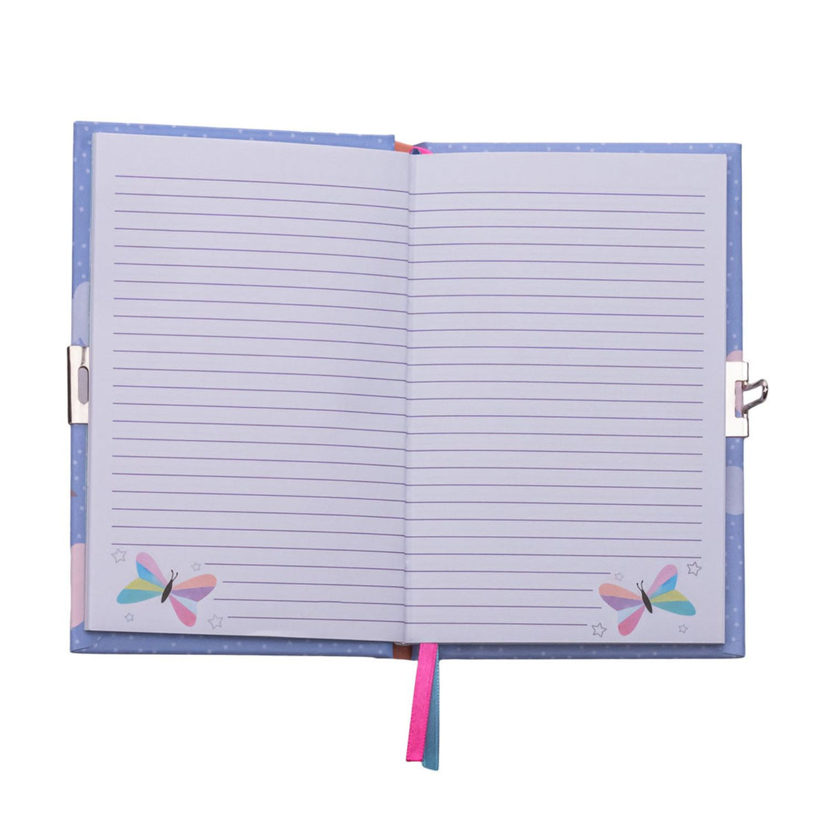 Open children's diary with lined pages and butterfly designs