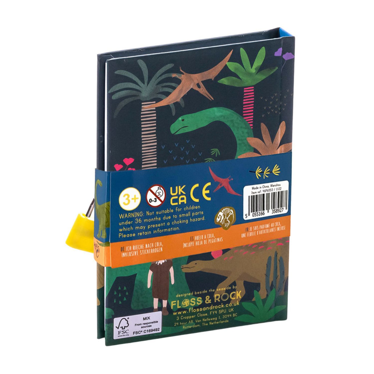 Back of a children's scented diary with dinosaur illustrations