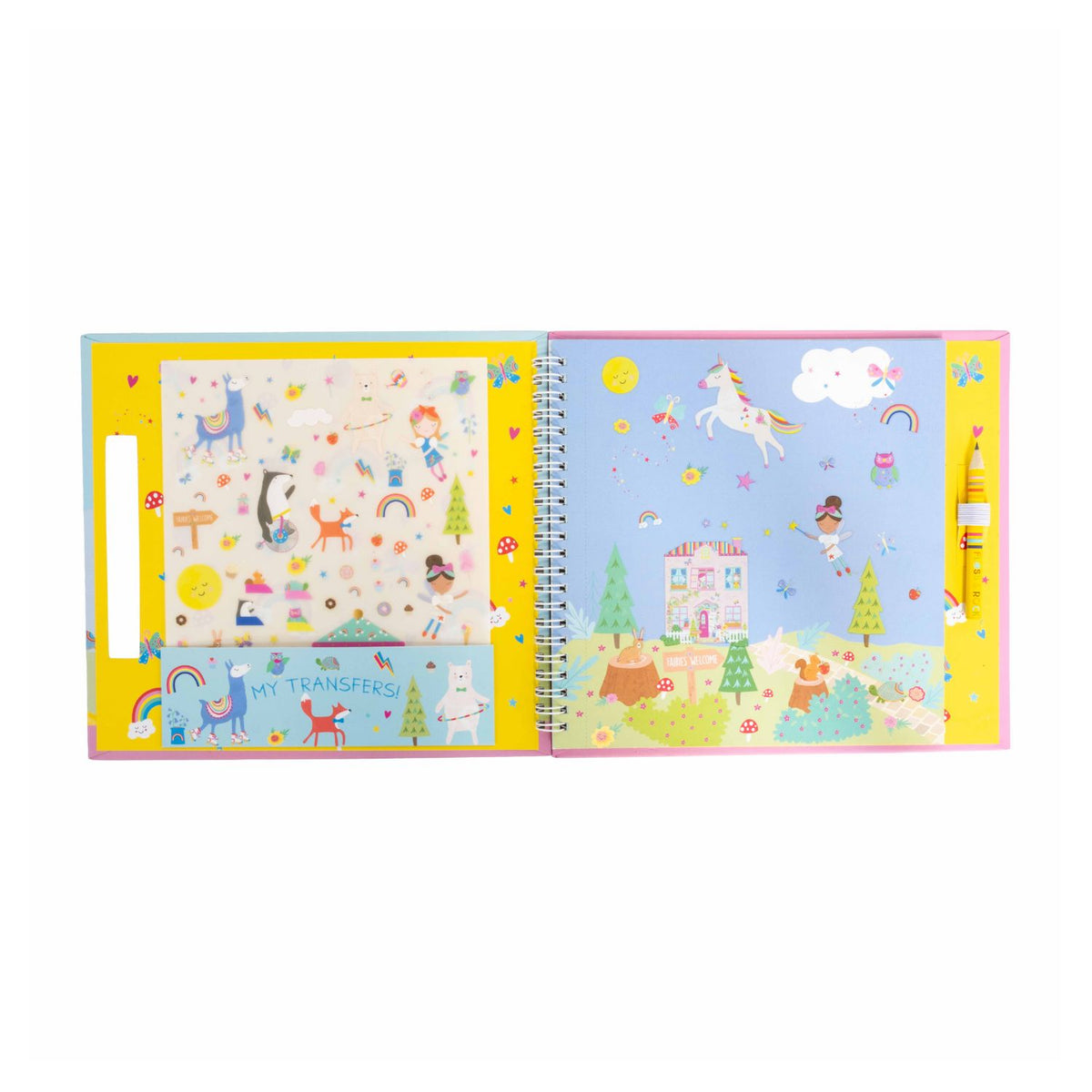 Inside view of a rub down transfer kit showing the "My Transfers" storage pocket, the included wooden pencil, and a beautifully illustrated fairytale scene.