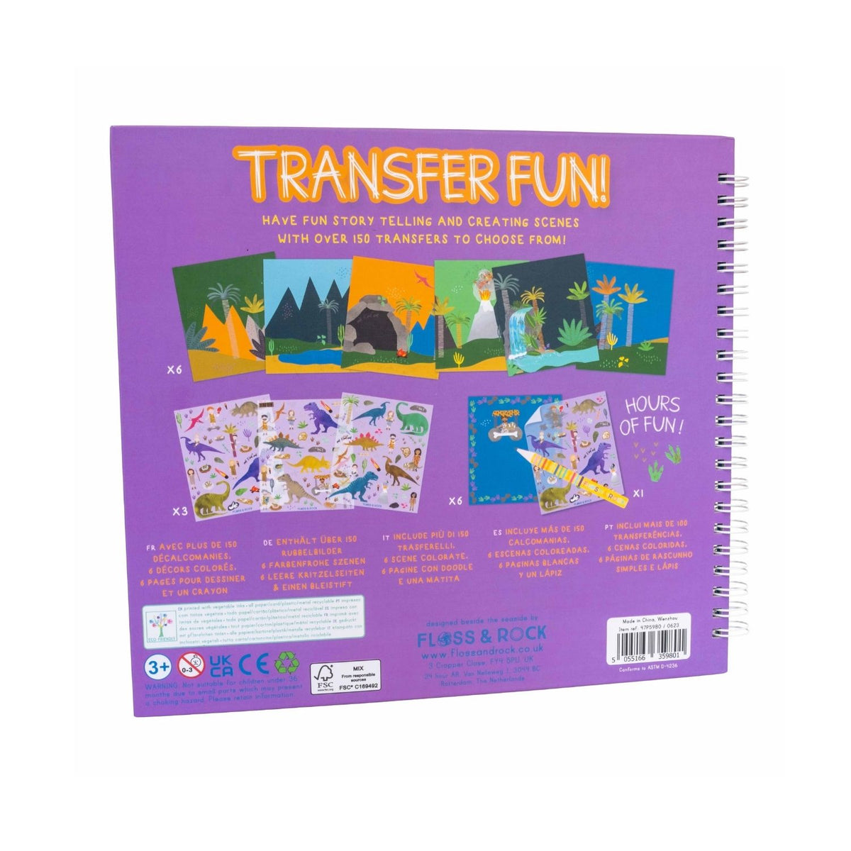 Travel-friendly children’s dinosaur transfer book featuring T-Rex, Stegosaurus, and volcanoes. A spiral-bound scratch-and-reveal activity for ages three plus.