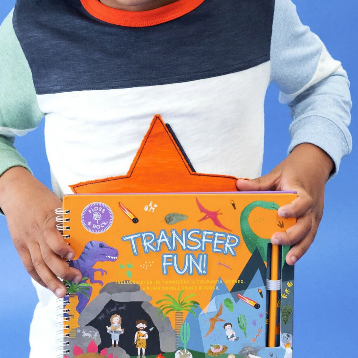 The front cover of the Floss and Rock Dinosaur rub down transfer kit, highlighting the compact, portable design and the "150+ transfers" badge.