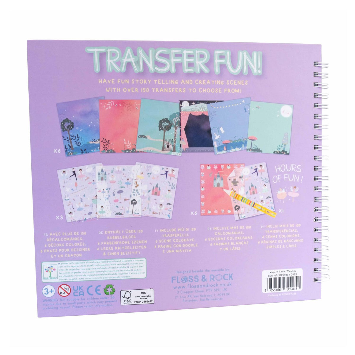 Back cover of Transfer Fun to boost fine motor skills with an enchanted children’s transfer book. 150+ transfers and 6 blank pages for creative storytelling and screen-free play.