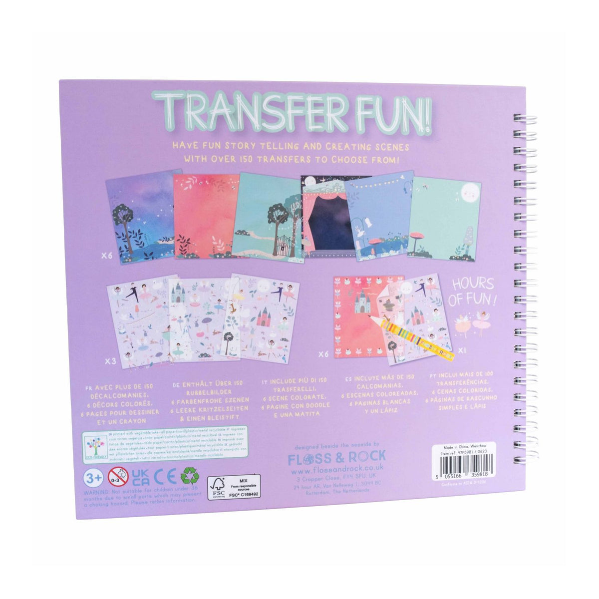 Back cover of Tranfer Fun to boost fine motor skills with an enchanted children’s transfer book. 150+ transfers and 6 blank pages for creative storytelling and screen-free play.