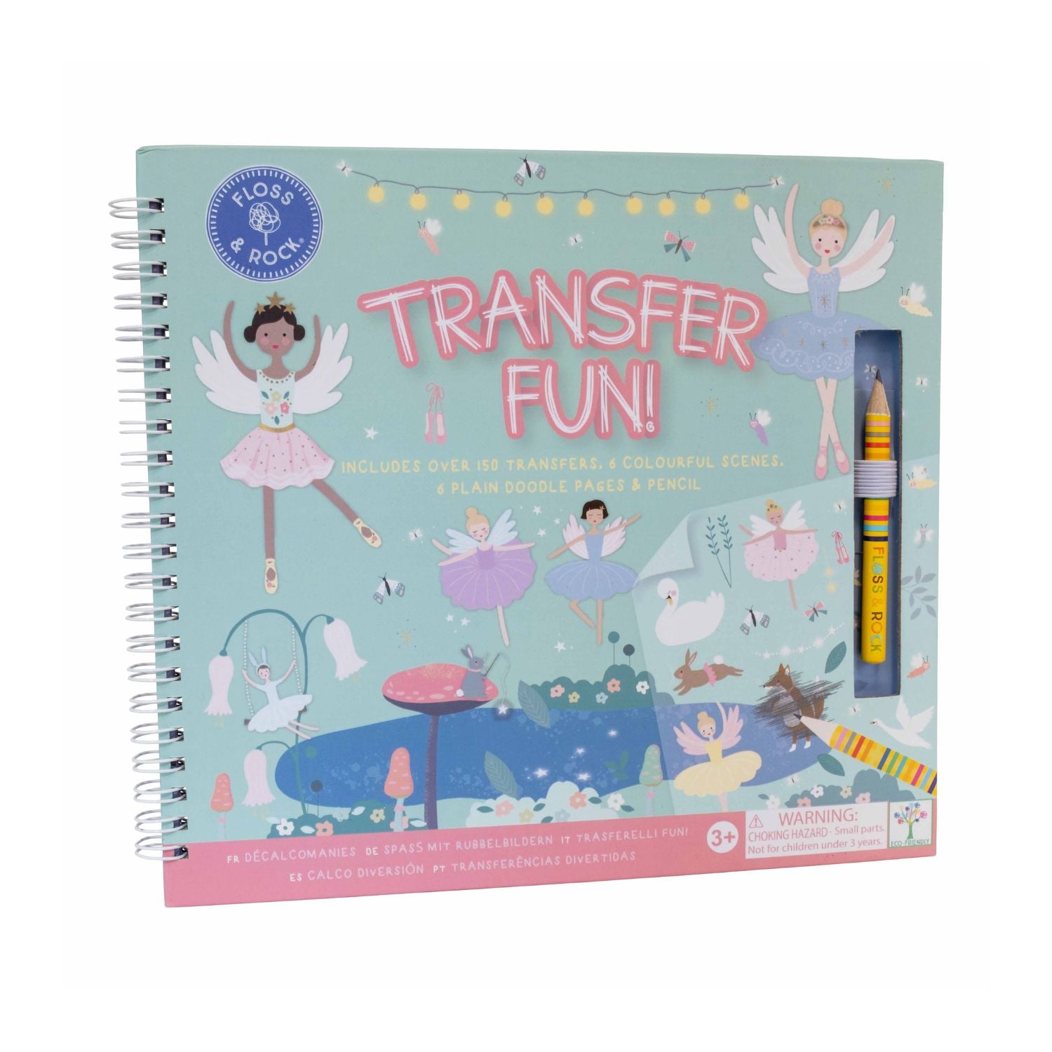 This spiral-bound children’s transfer book is perfect for travel. Features ballet dancers and castles to scratch and reveal. For ages three and over.