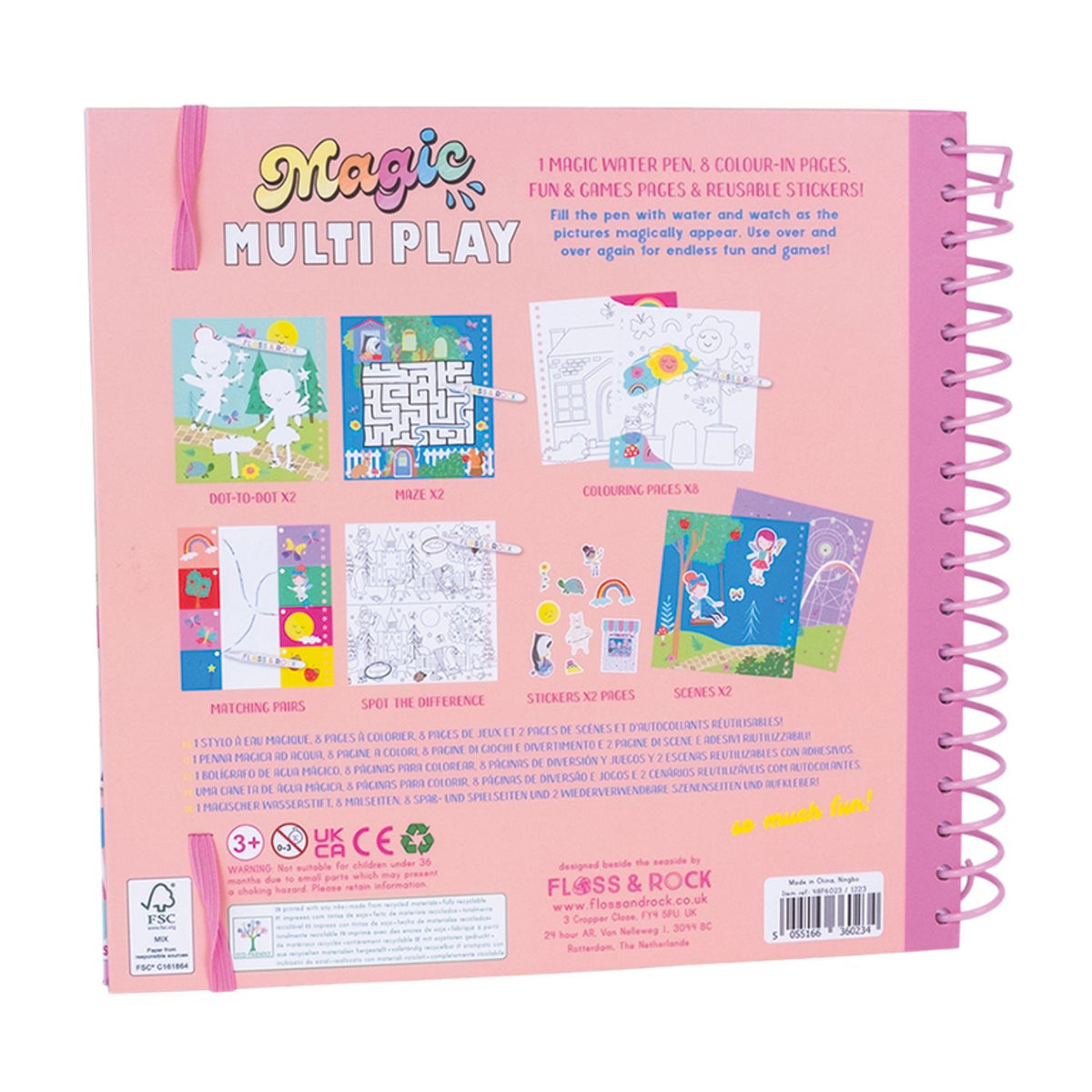 Back of the magic multi play rainbow fairy activity book with colorful illustrations and text 